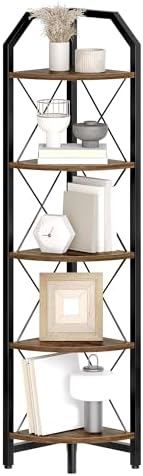 5-Tier Industrial Corner Bookshelf with Rustic Design