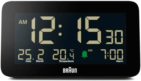 Braun Digital Alarm Clock with Date Month and Temperature Display