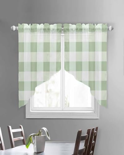 Sage Green Plaid Swag Valance for Small Kitchen Windows