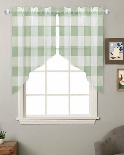 Sage Green Plaid Swag Valance for Small Kitchen Windows