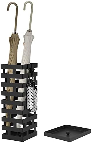 Tudomro Large Black Metal Umbrella Stand with Hooks and Water Tray