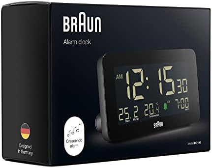 Braun Digital Alarm Clock with Date Month and Temperature Display