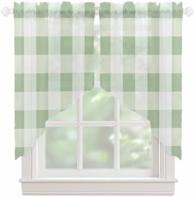 Sage Green Plaid Swag Valance for Small Kitchen Windows