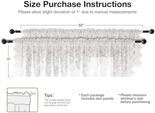 White Lace Semi-Sheer Kitchen Valance Curtains - 1 Panel 52W x 18L Inch