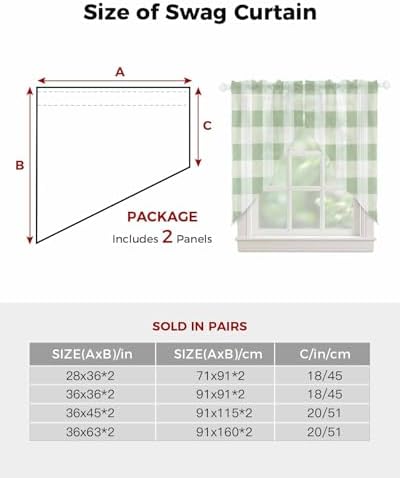 Sage Green Plaid Swag Valance for Small Kitchen Windows