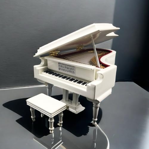 White Piano Music Box with Bench and Black Case