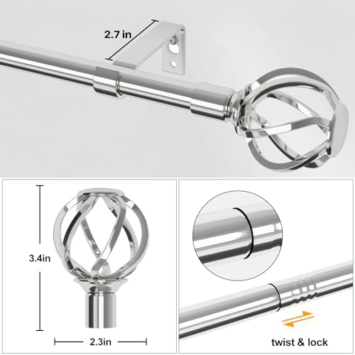 Chrome Silver Curtain Rods 66-120 Inch Adjustable