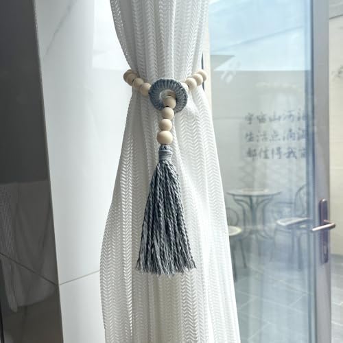 2pcs Wooden Bead Curtain Holders Boho Style Tiebacks with Tassels
