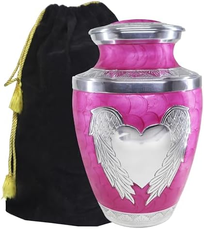 Pink Decorative Urn with Silver Angel Wings and Heart