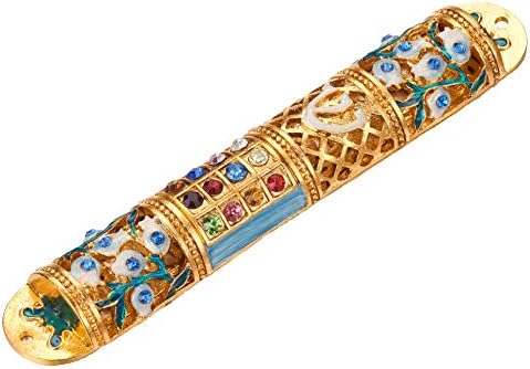 Matashi Hand Painted Enamel Mezuzah with Crystals and Gold Accents