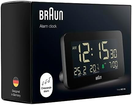 Braun Digital Alarm Clock with Date Month and Temperature Display