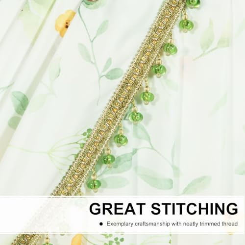 Leeva Luxury Sheer Valance Curtains with Bead Tassels and Plants Print Design