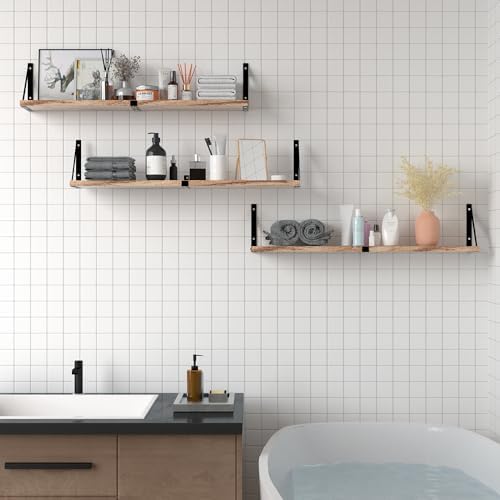 Set of 3 Floating Wood Shelves with Carbonized Black Finish