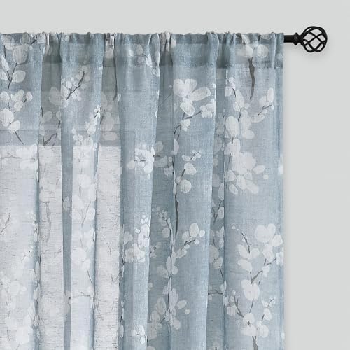 Flax Linen Sheer Curtains with Blossom Print 2 Panels