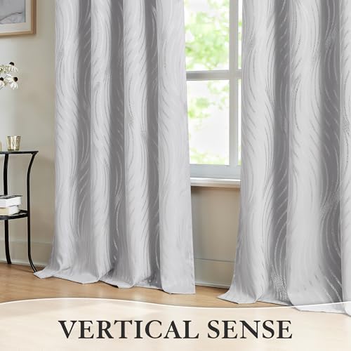 100 Blackout Curtains with Metallic Silver Wave Print