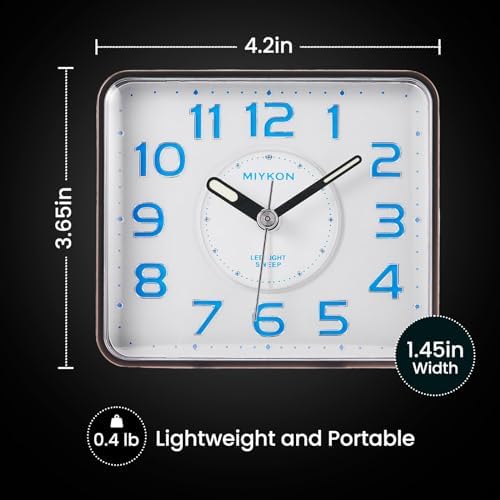 Miykon Small Square Analog Alarm Clock - Silent Non-Ticking LED Light Battery Operated