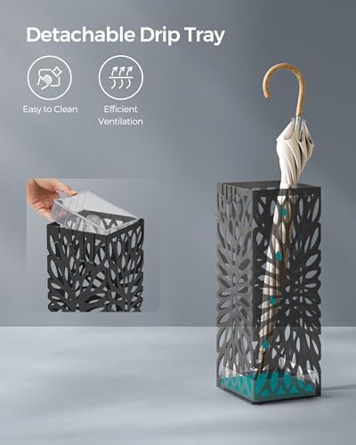 SONGMICS Steel Square Umbrella Stand with Drip Tray and 4 Hooks