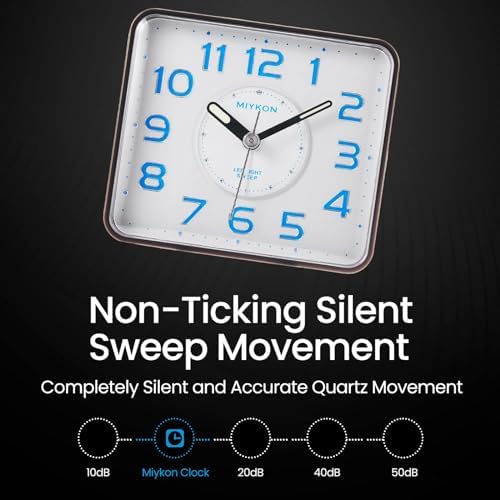 Miykon Small Square Analog Alarm Clock - Silent Non-Ticking LED Light Battery Operated
