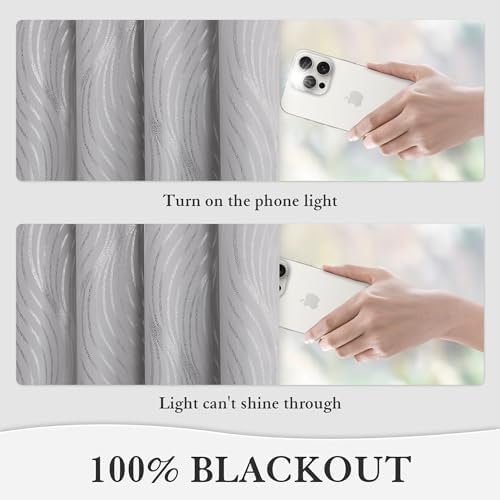 100 Blackout Curtains with Metallic Silver Wave Print