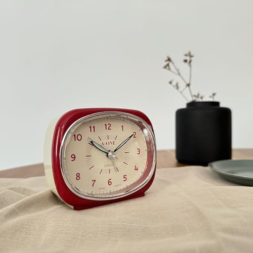 Square-Round Silent Alarm Clock - No Ticking Battery Operated Unique Design Red