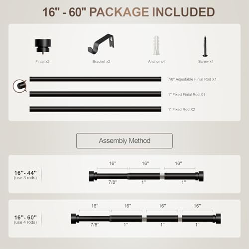 Modern Black Curtain Rods 1 Diameter Adjustable Length Heavy Duty