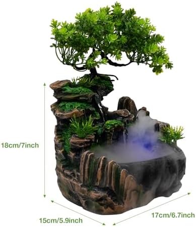 TITIDU Desktop Waterfall Bonsai Fountain with LED Lights and Atomizer