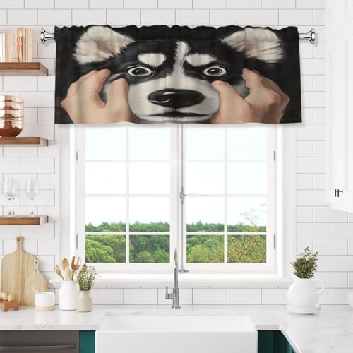 Funny Husky Face Valance Curtains 18x54 Inch Black