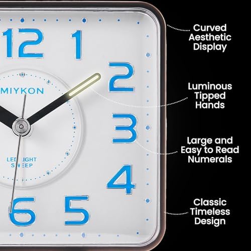 Miykon Small Square Analog Alarm Clock - Silent Non-Ticking LED Light Battery Operated
