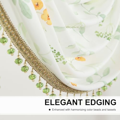Leeva Luxury Sheer Valance Curtains with Bead Tassels and Plants Print Design
