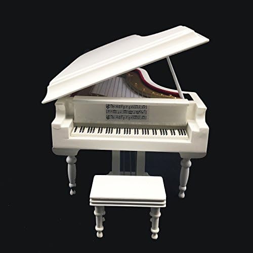 White Piano Music Box with Bench and Black Case