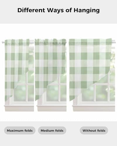 Sage Green Plaid Swag Valance for Small Kitchen Windows