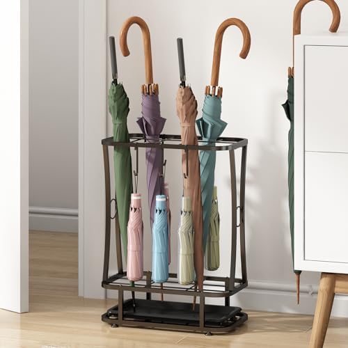 Wisdom Star Industrial Metal Umbrella Stand with Drip Tray and 6 Hooks