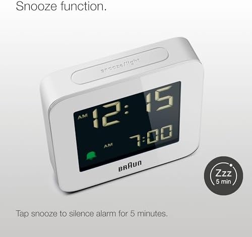 Braun Digital Alarm Clock with Snooze and Crescendo Beep in White