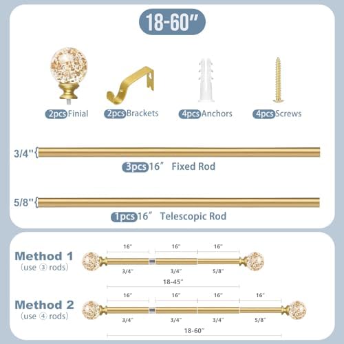 TVWOO Gold Crystal Curtain Rods 18-60 Inch