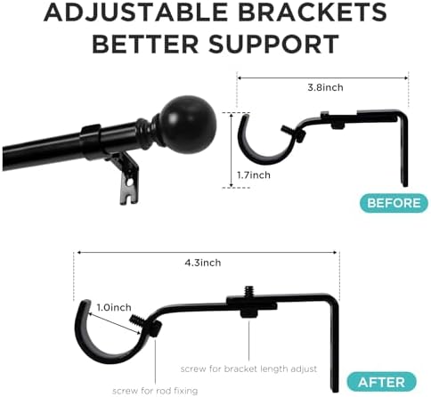 Joydeco Black Curtain Rods 32-144 Inches Adjustable Single Rods