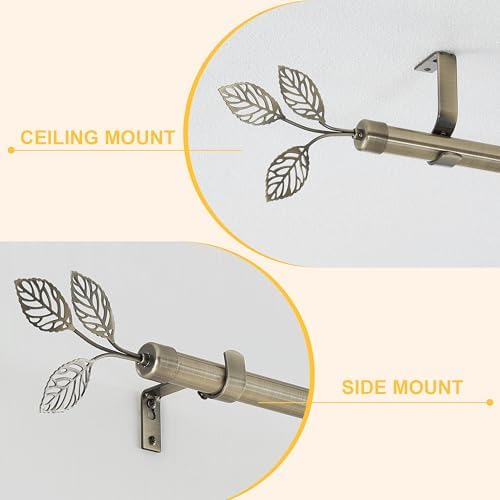 RYB HOME 1 Inch Adjustable Brass Curtain Rod with Leaf Finials