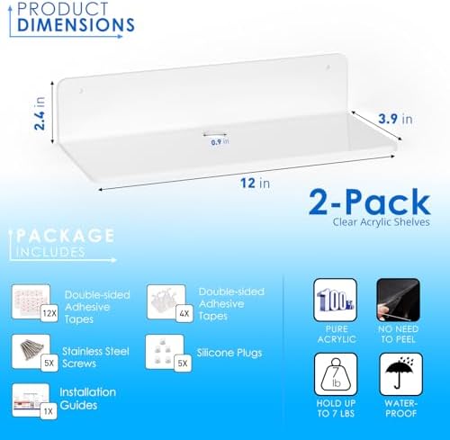 OAPRIRE White Acrylic Floating Shelves Set of 2 - No Drill Installation