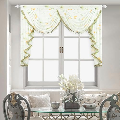 Leeva Luxury Sheer Valance Curtains with Bead Tassels and Plants Print Design