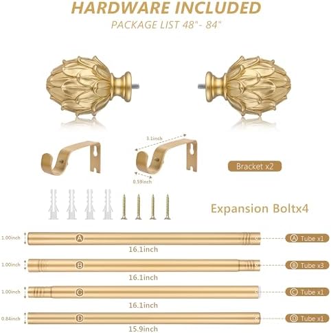 Adjustable Curtain Rods 48-84 Inches 1 Inch Diameter Gold Finials