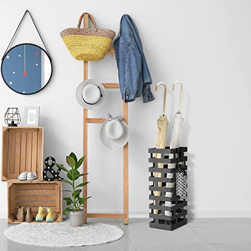 Tudomro Large Black Metal Umbrella Stand with Hooks and Water Tray