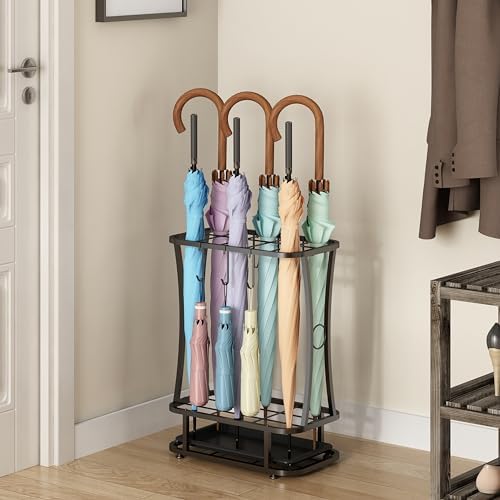 Wisdom Star Industrial Metal Umbrella Stand with Drip Tray and 6 Hooks