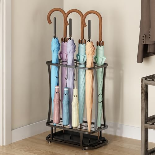 Wisdom Star Industrial Metal Umbrella Stand with Drip Tray and 6 Hooks