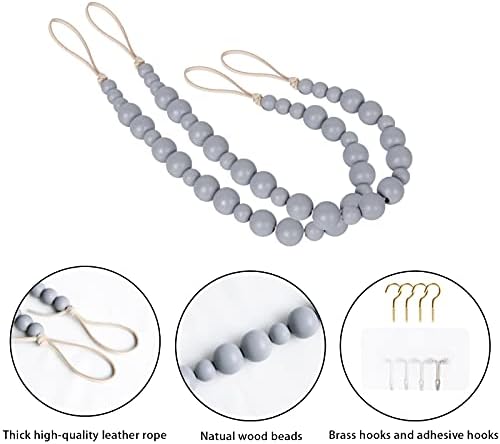 OCIOLI 2 Piece Wooden Bead Curtain Tiebacks with Hooks
