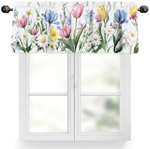 Tersuger Spring Daisy Tulip Kitchen Valance Curtain