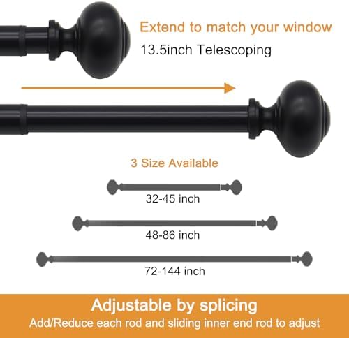 QITERI Black Curtain Rod 48-86 Inches Single Rod with Round Finials