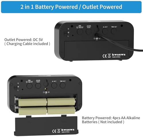 Kwanwa Dual Power Alarm Clock with Auto-Dim Night Mode