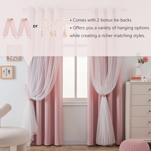 MYSKY HOME Pink Curtains with Tiebacks for Kids Bedroom