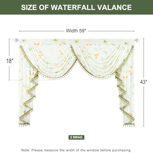 Leeva Luxury Sheer Valance Curtains with Bead Tassels and Plants Print Design