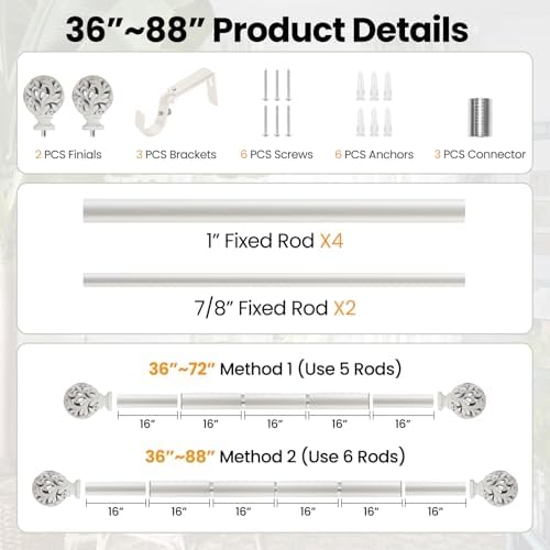 Weathered White Adjustable Curtain Rods 36-88 Inch