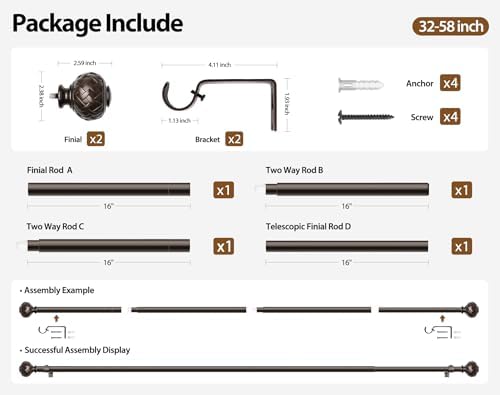 TONIAL Bronze Curtain Rod Adjustable 32-58 Inches